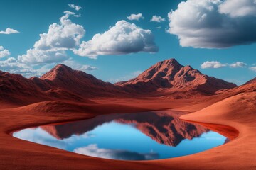 Naklejka premium Reflective Desert Oasis with Red Sand Dunes and Dramatic Clouds