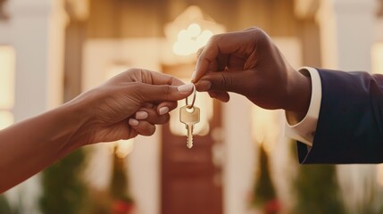 Close-up of two people exchanging keys in front of a new home, symbolizing the moment of ownership, trust, and commitment. Represents a new chapter in real estate or personal life.