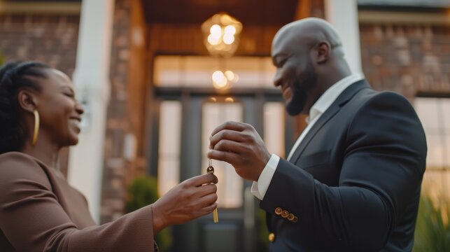 A smiling couple exchanges keys in front of their new home, representing a fresh start, commitment, and joy of homeownership.
