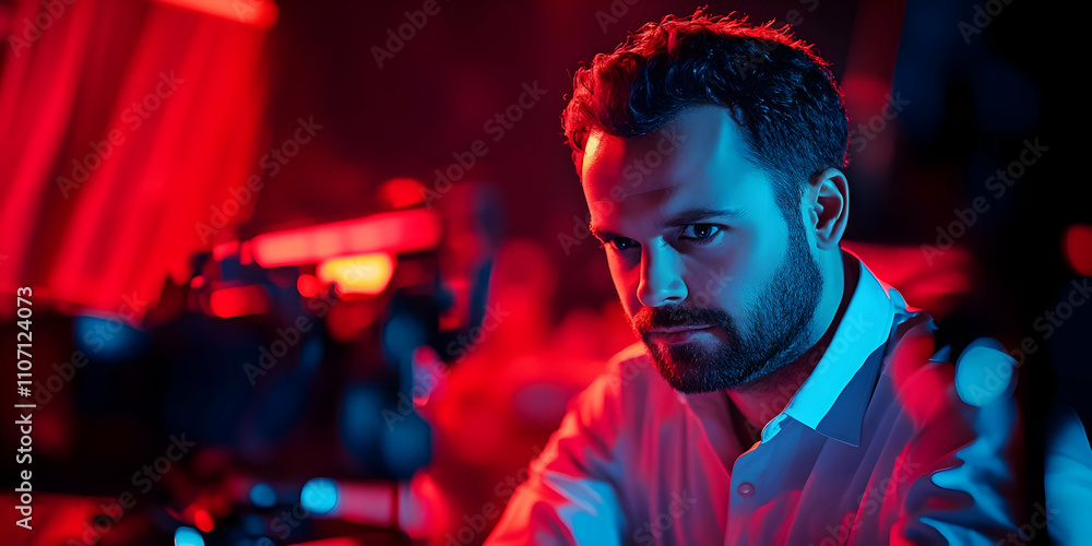 Poster a focused individual in a dimly lit environment with red lighting.
