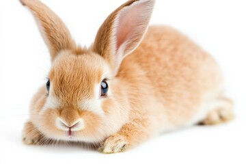 Fototapeta premium Close-up of an adorable brown rabbit lying on a white background, looking directly into the camera with a calm and gentle expression.
