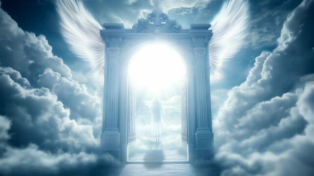 
video the ethereal beauty of a spiritual journey through soft, fluffy clouds, leading to an inspiring gateway filled with hope and divine belief, evoking feelings of peace and reverence