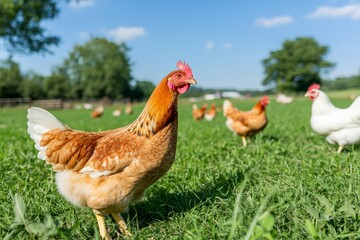 Fototapeta premium A vibrant hen standing proudly in a grassy field, surrounded by other free-range chickens.