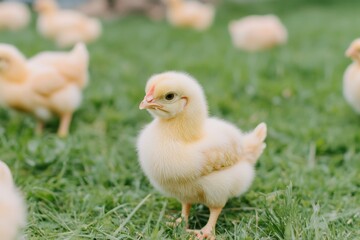 A hen stands in a sunlit field at sunset, surrounded by soft green grass.