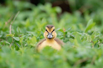 Obraz premium A serene duck rests on lush green grass in a sunlit park, enjoying a quiet, peaceful moment.
