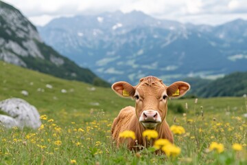 A young white calf lies peacefully on a grassy alpine meadow, surrounded by rocky terrain and distant mountain peaks under a bright blue sky, embodying the serenity of rural mountain life.