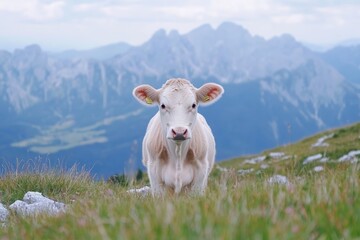 Obraz premium A young white calf lies peacefully on a grassy alpine meadow, surrounded by rocky terrain and distant mountain peaks under a bright blue sky, embodying the serenity of rural mountain life.