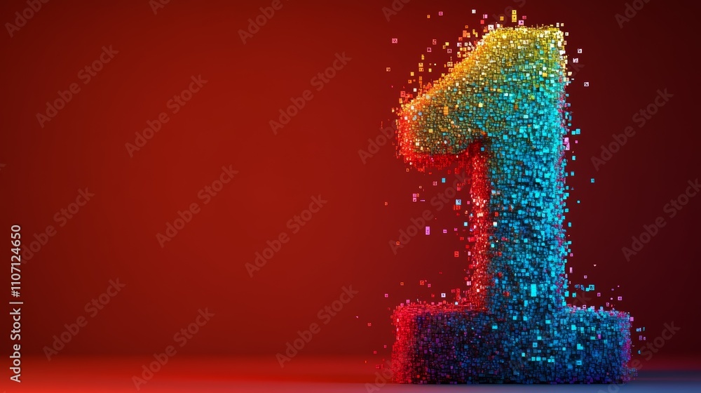 Poster colorful digital number one created with scattered blocks on a vibrant red background in modern arti