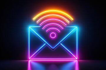 Fototapeta premium A glowing neon email icon with a wireless signal glimmers in low light, representing modern digital communication and connectivity in a vibrant, engaging style.