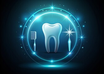 A glowing tooth icon with a toothbrush above, representing dental care, oral hygiene, preventive dentistry, and promoting clean teeth and healthy smiles in low light.