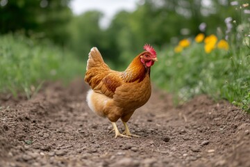 Fototapeta premium A red hen searches for food in freshly turned soil, symbolizing farm life and free-range poultry practices.