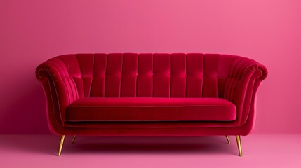 A luxurious red velvet couch with tufted details stands against a matching red wall, exuding elegance and sophistication.