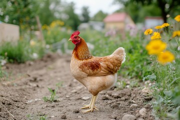 Fototapeta premium A red hen searches for food in freshly turned soil, symbolizing farm life and free-range poultry practices.