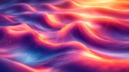 A vibrant, abstract depiction of undulating waves, showcasing a blend of purple, pink, and orange hues, creating a mesmerizing fluid effect.