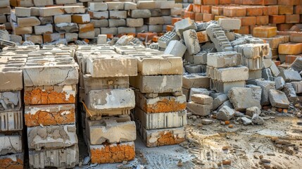 Piles of bricks and concrete blocks sit waiting to be assembled into the next phase of the construction project.