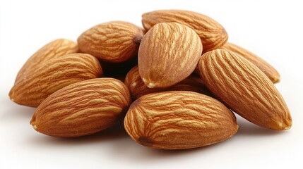 Pile of whole almonds, light brown in color, close-up on white background.