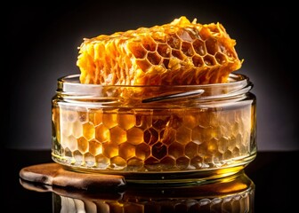 Stunning Macro Photography of Pure Honeycomb and Beeswax in a Glass Container Isolated on a Black Background, Showcasing Natural Sweetness and Texture for Culinary and Health Uses
