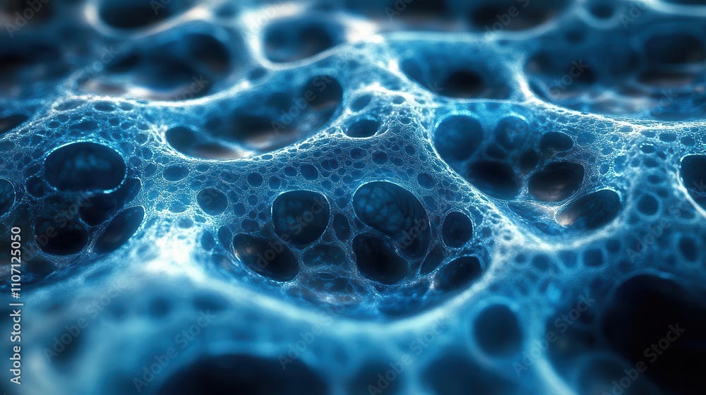 Poster a close-up view of a blue, textured surface resembling cells or foam, featuring intricate patterns a