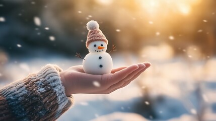 Obraz premium Cozy winter scene with handmade snowman in hand at sunset