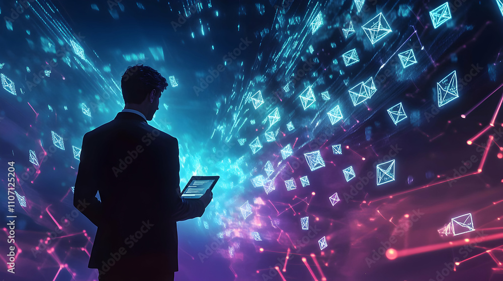 Poster a silhouette of a person in a suit interacting with digital data and email icons.