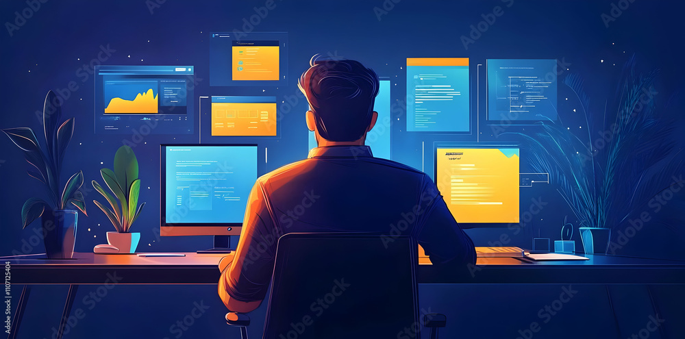 Poster A person analyzing data on multiple screens in a dark, tech-inspired workspace.