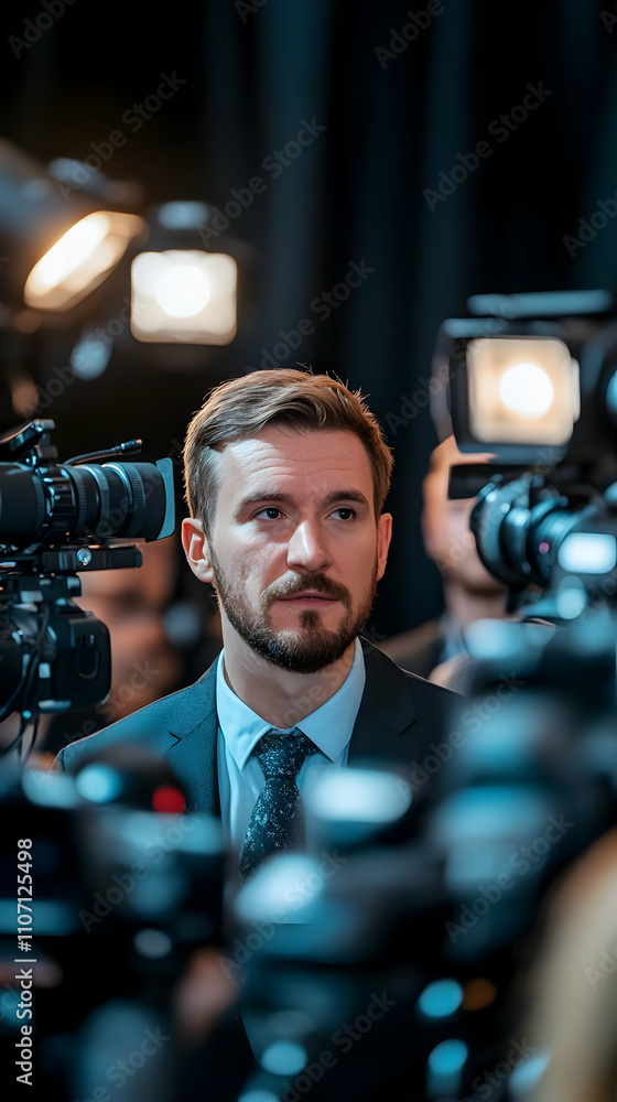 Poster A man in a suit surrounded by cameras, indicating a press event or interview setting.