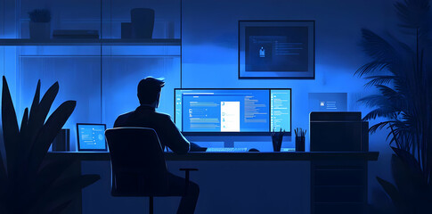A person working late at a desk illuminated by blue light, surrounded by plants.