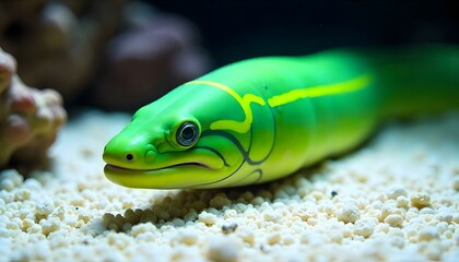 Green and yellow eel slithering across the sand
