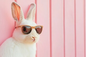 Fototapeta premium A white rabbit wearing dark sunglasses, posing stylishly on a soft white blanket.