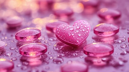 Pink heart-shaped stone with water droplets, surrounded by pink glass stones, on a reflective surface, soft lighting.