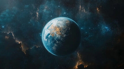 Naklejka premium Space exploration concept with a planet, stars, and distant galaxies, with a clear, open area for copy space.