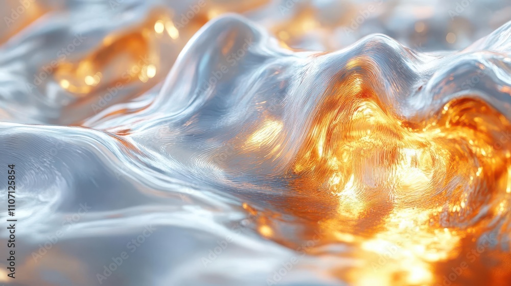 Poster a close-up view of shimmering, fluid-like surfaces with golden highlights, creating a mesmerizing, a