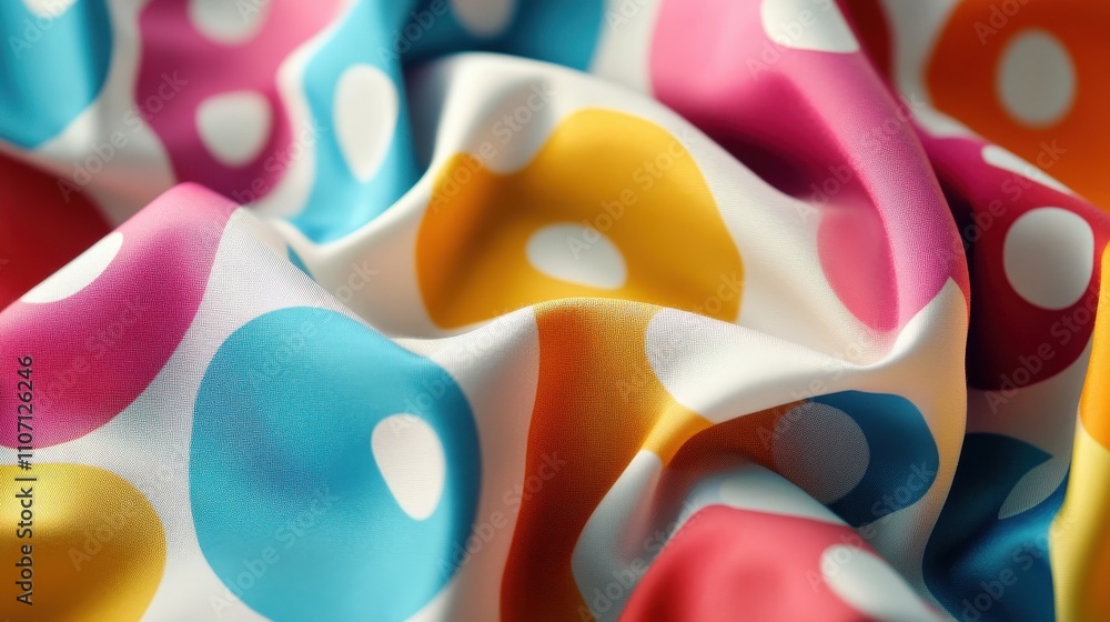 Poster a playful polka dot fabric pattern in bright colors, featuring large and small dots scattered across
