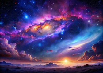 Fototapeta premium Stunning Night Photography of a Cosmic Nebula with Vivid Hues, Showcasing Galactic Swirls and Bright Stars, Perfect for Astrophotography Enthusiasts and Space Art Lovers