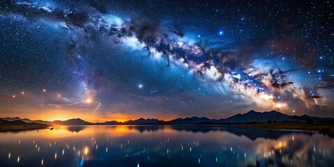 Obraz premium Stunning Night Photography of a Constellation Layout Over a Serene Landscape, Capturing the Beauty of the Night Sky with Sparkling Stars and Celestial Patterns