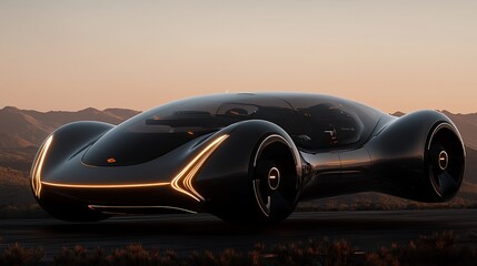 Futuristic, sleek, black sports car on a desert road at sunset.