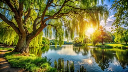Amidst tranquil surroundings, a majestic willow tree extends its branches over a still pond, creating a serene reflection that embodies the beauty of summer and relaxation.