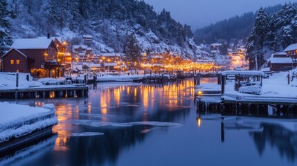 Fototapeta premium Serene Winter Village Scene with Snow-Covered Houses and Illuminated Waterfront Reflected in Calm Water at Dusk