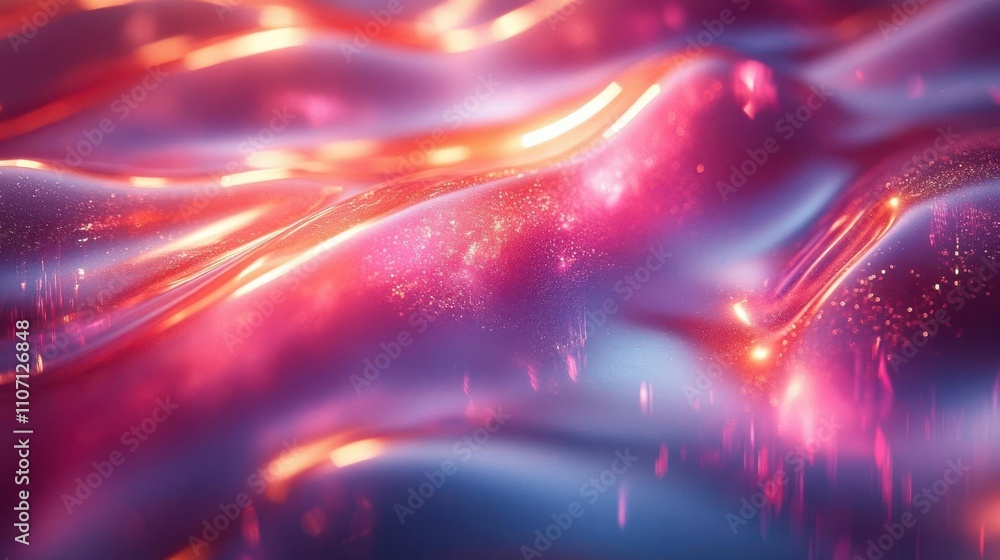 Poster a vibrant, abstract surface with flowing waves of pink and blue light, creating a dynamic and ethere