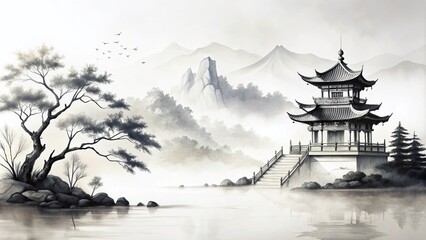 Obraz premium A minimalist ink drawing on a white background showcases elegant Eastern motifs. This fine line artwork combines cultural elements and abstract patterns to create a serene aesthetic.