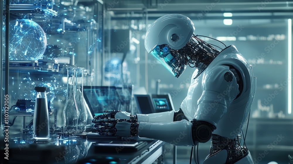 Poster a robotics industry lab where scientists are developing advanced humanoid robots, symbolizing cuttin
