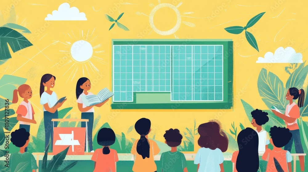 Poster a school class learning about renewable energy through interactive lessons and experiments, showing 
