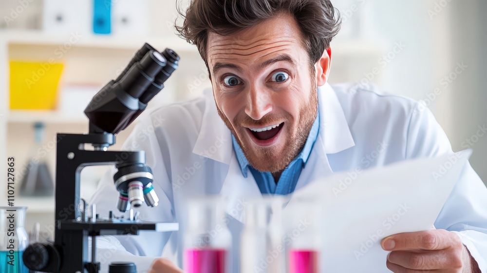 Poster a scientist excitedly reviewing data in a lab, eyes sparkling with curiosity, reflecting the joy of 