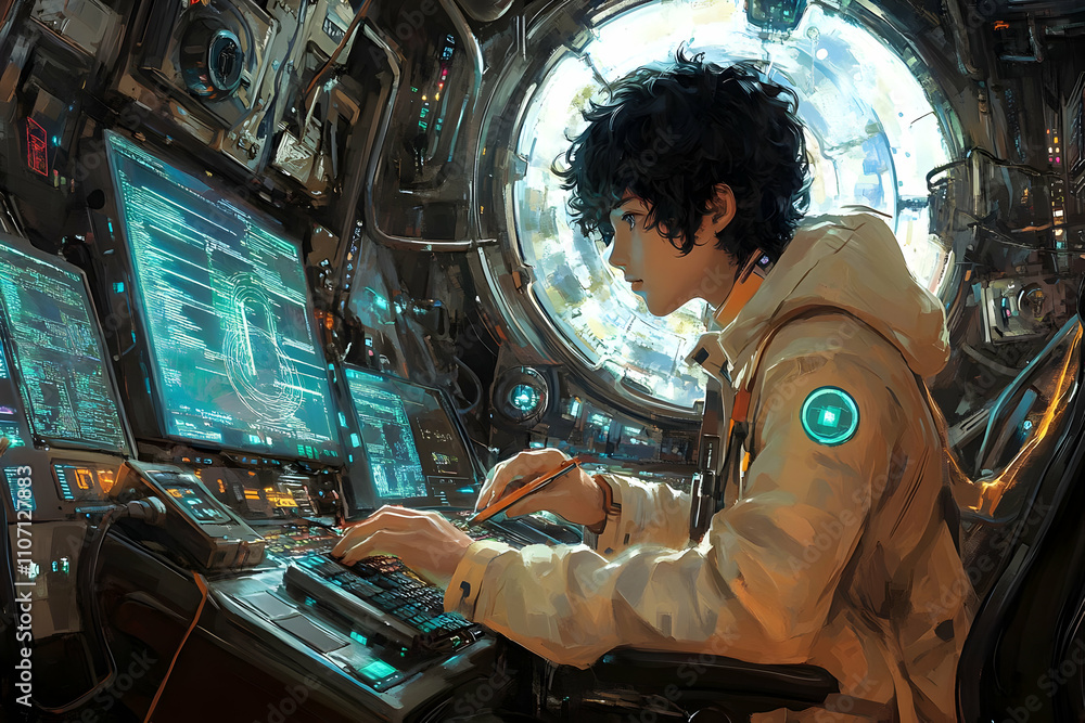 Poster a young person operates a futuristic computer in a spacecraft, surrounded by glowing screens.