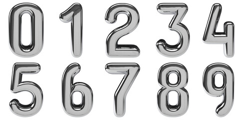 set of 3d rendering silver chrome number