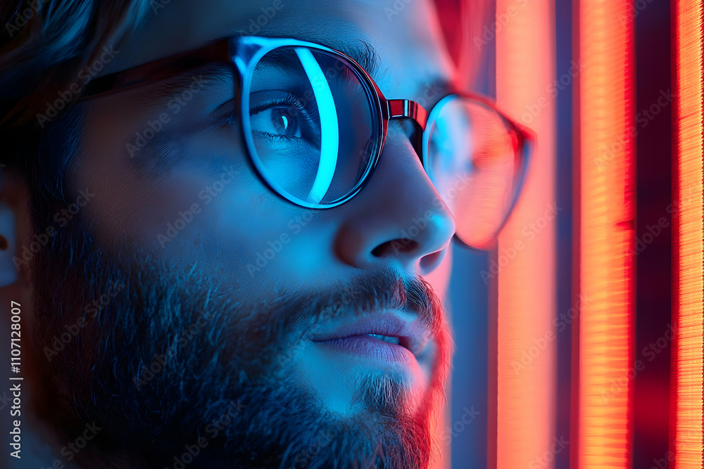 Aufkleber a close-up of a man with glasses illuminated by colorful lights, creating a dramatic effect.