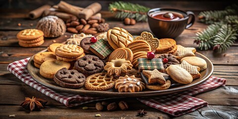 Fototapeta premium An array of delightful cookies rests on a plate, illuminated by gentle, cozy lighting, enticing baking enthusiasts and dessert lovers to indulge.