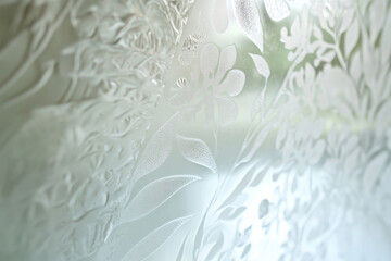 Naklejka premium Textured frosted glass, intricate white patterns spreading naturally with soft reflections, elegant and serene
