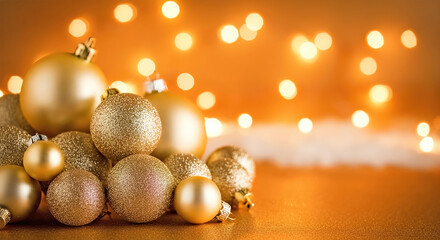 Christmas background with golden and silver ornaments and bokeh lights