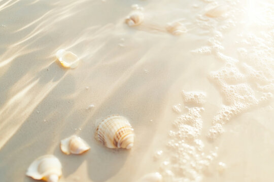 Textured sandy beach, smooth beige grains with scattered shells under warm sunlight, coastal and calming